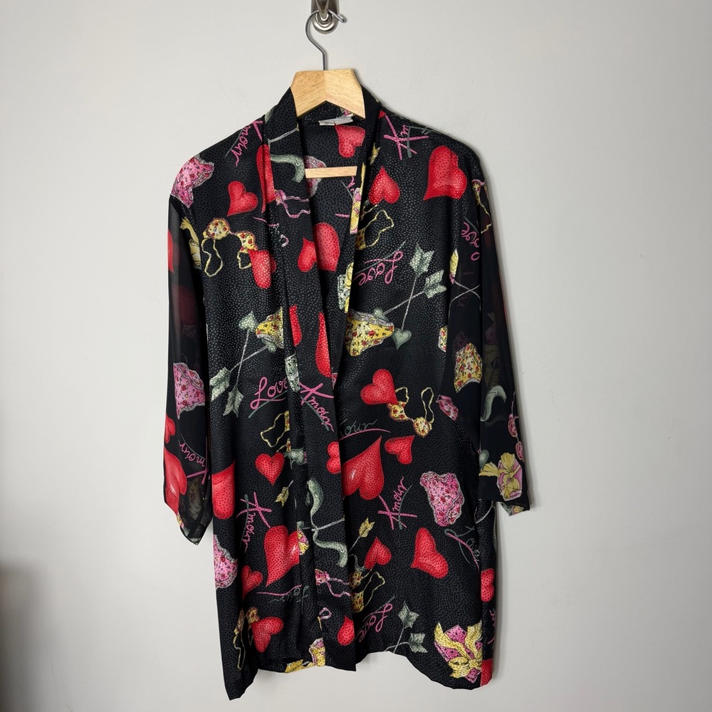 Vintage Natori Silky Valentines Day Robe Black Hearts Size Medium 314